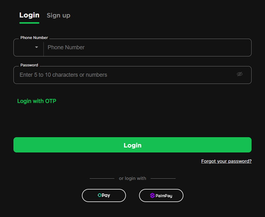 login Login form with phone password OPay and PalmPay