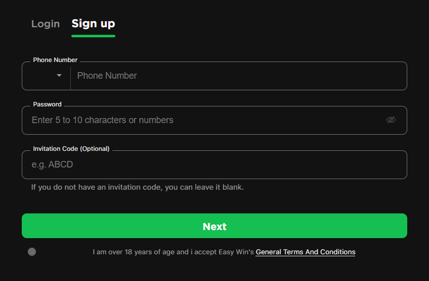 Registration form with phone password and invitation code