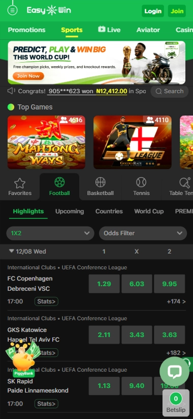 Mobile sports page with football matches and odds