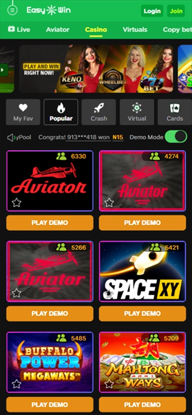 screen-3 Mobile casino lobby with Aviator and Space XY